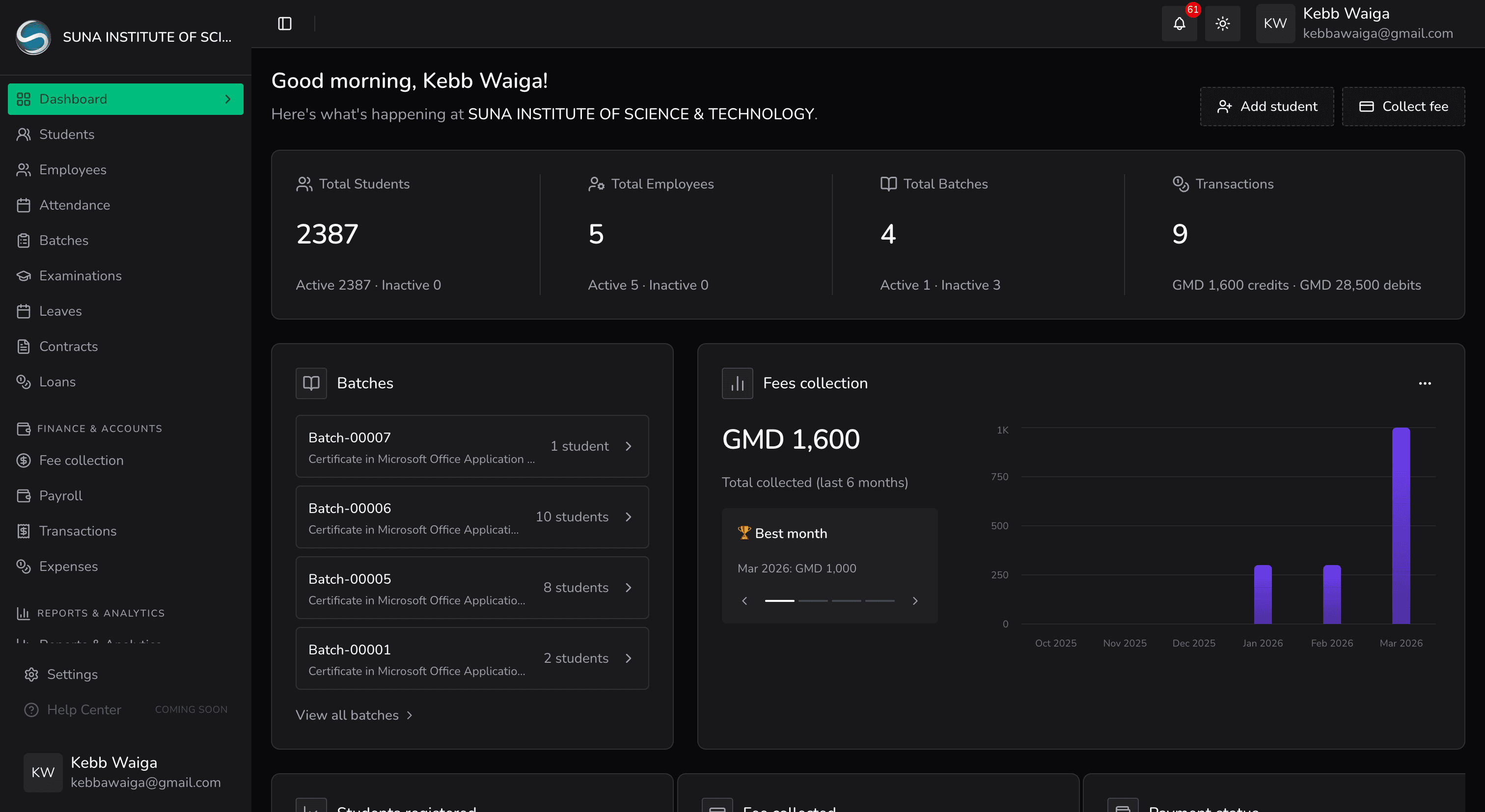 EduGambia dashboard overview (dark mode)