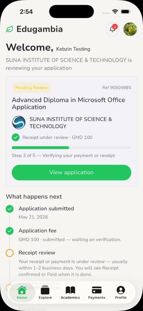 EduGambia mobile app — application status dashboard