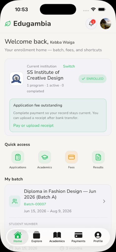 EduGambia mobile app — enrollment home with batch and fees